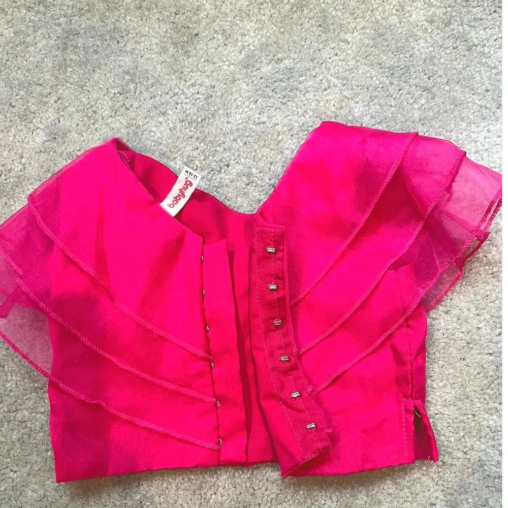 Babyhug Ruffle Sleeves Choli Lehenga And Dupatta With Lehriya Print- Pink 12-18m
